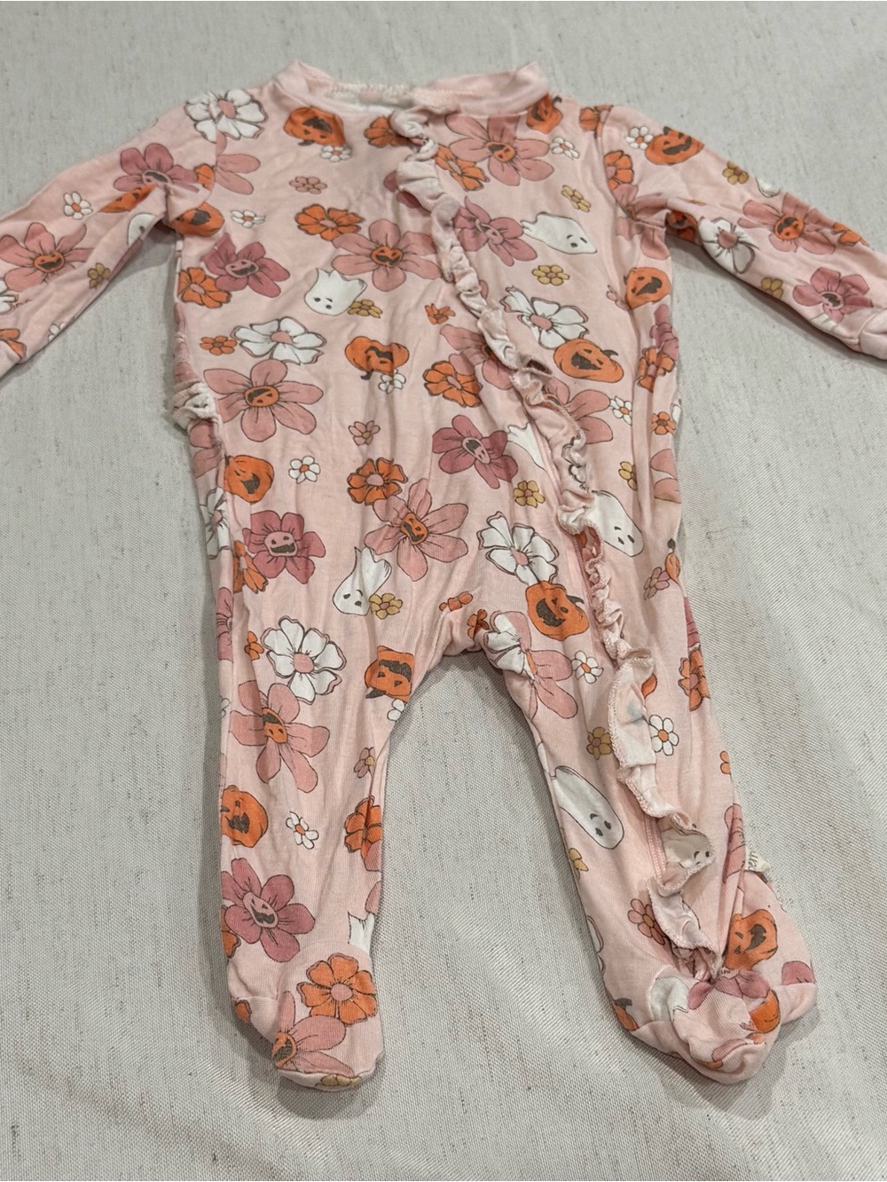Milkberry Pink Floral Pumpkin Fall Ruffle Footed Sleeper Halloween 0-3m Bamboo